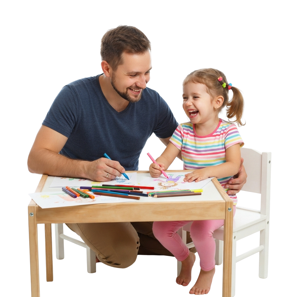 A man and a young girl smiling while drawing at a small table with colored markers.