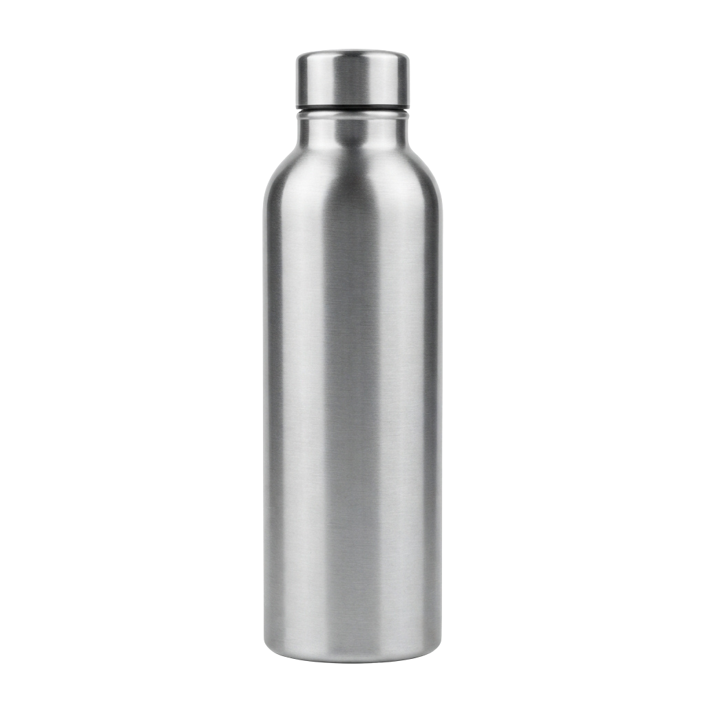 A sleek stainless steel water bottle with a push cap lid shown against a black background