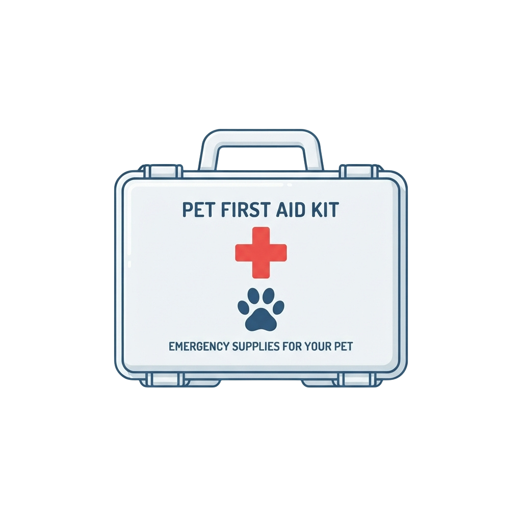 A white pet first aid kit case with a red cross and paw print, labeled Pet First Aid Kit and Emergency Supplies for Your Pet
