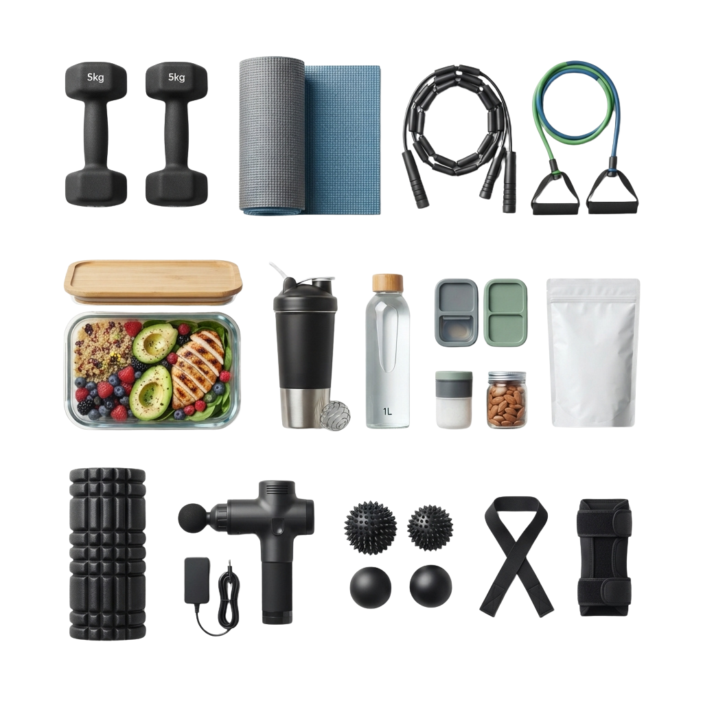 Assorted fitness equipment and healthy meal prep items arranged on a black background