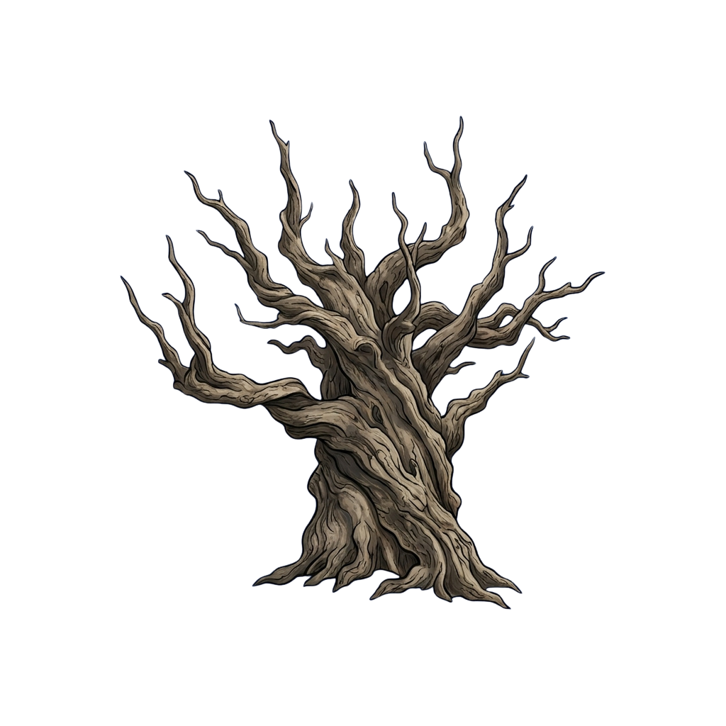 A detailed illustration of a gnarled, bare tree with twisted branches against a dark background.