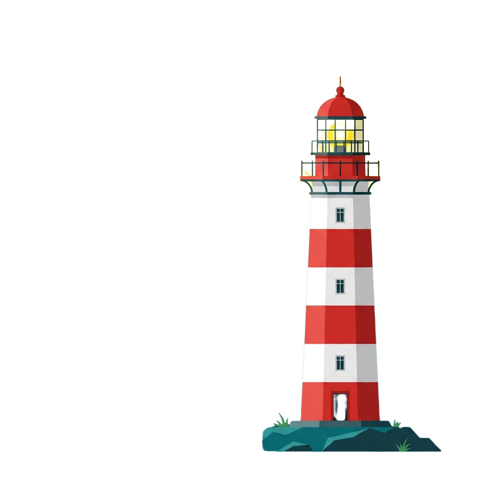 A stylized illustration of a red and white striped lighthouse on a rocky base with a glowing light at the top.