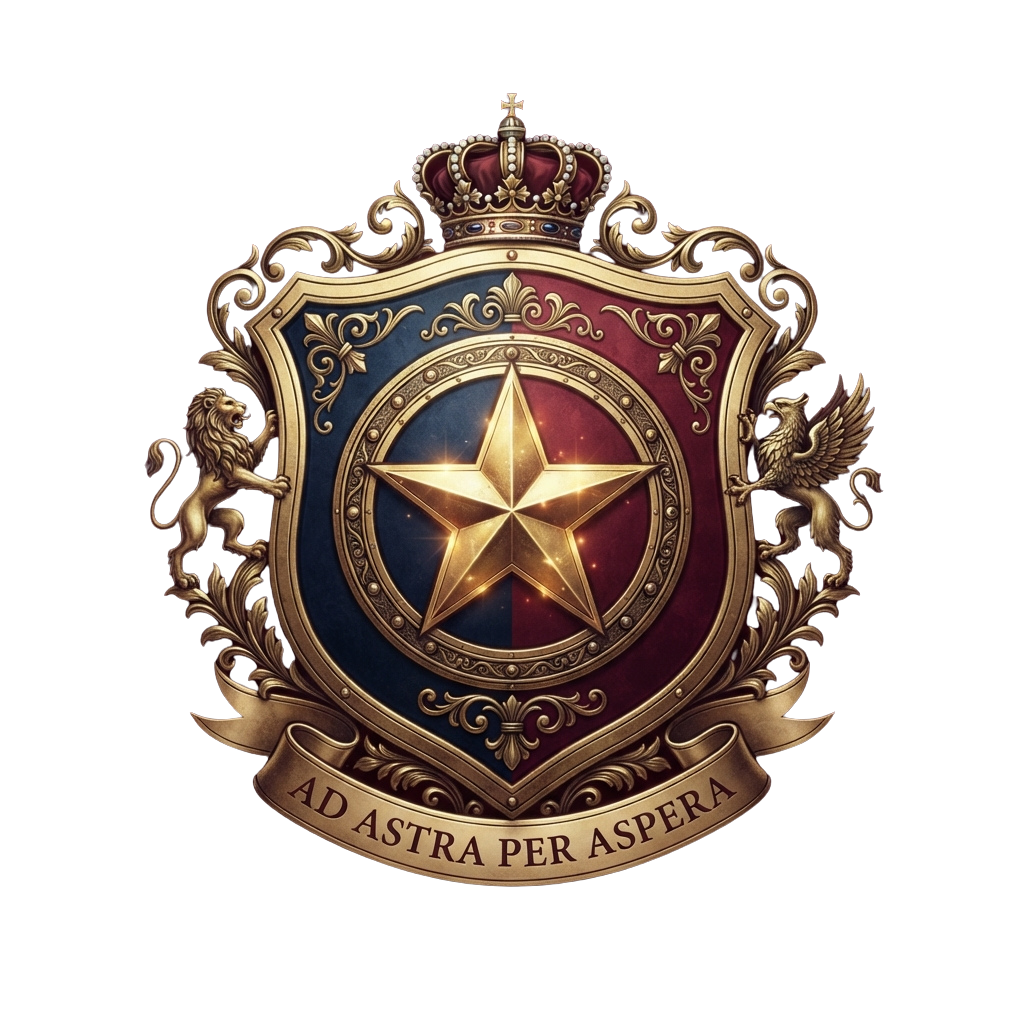 Heraldic shield featuring a golden star on a blue and red background, flanked by lions and a griffin, topped with a crown, and bearing the Latin motto Ad Astra Per Aspera.