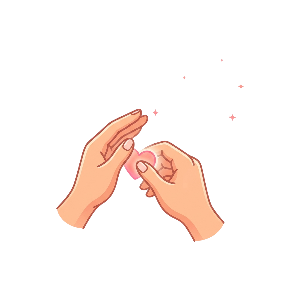 Two hands forming a heart shape with fingers while small sparkles float nearby.