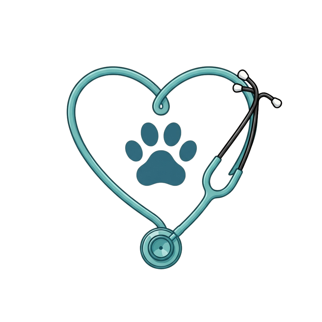 A stethoscope shaped like a heart with a paw print inside, symbolizing pet or veterinary care.