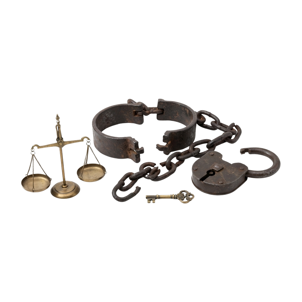 A set of antique justice symbols including a scale, handcuffs, chains, and a key on a black background