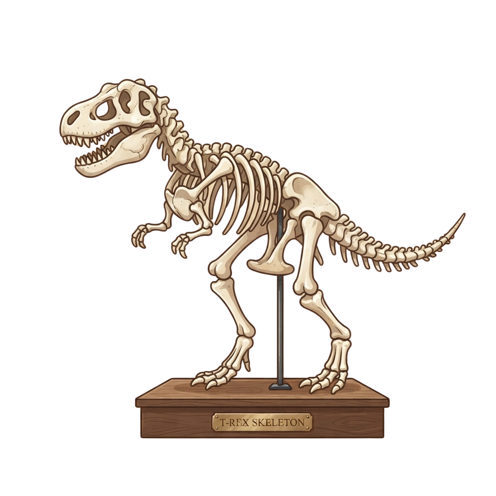 Illustration of a T-Rex skeleton model standing on a wooden base against a black background