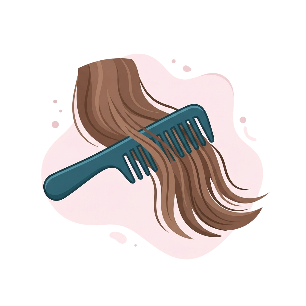 Illustration of a teal hairbrush combing long brown hair with a cloud-like background