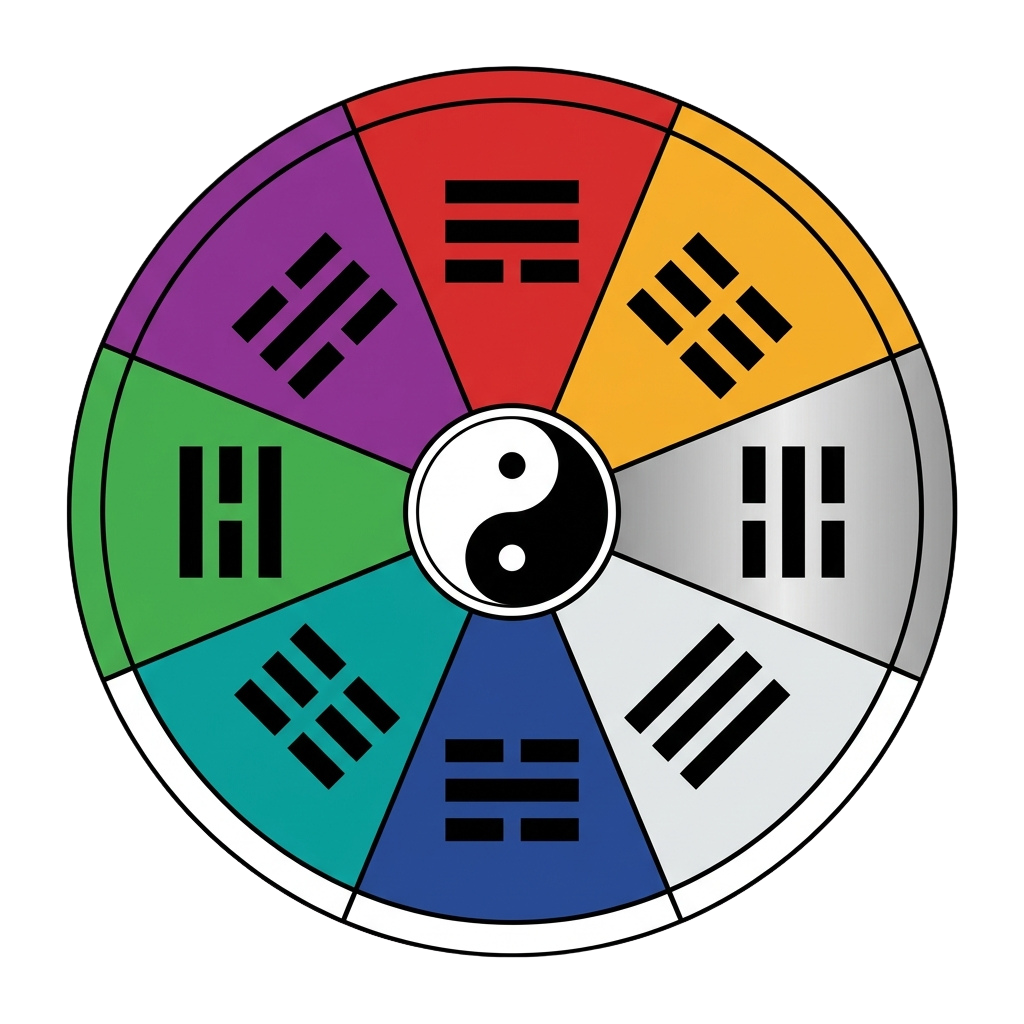 A circular bagua mirror divided into eight colored sections, each containing a trigram and centered with a yin-yang symbol