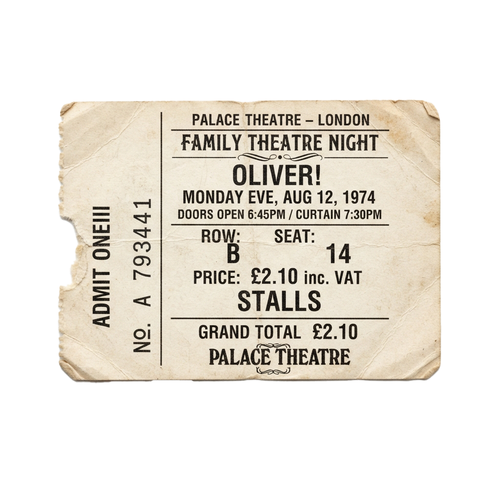 Old ticket stub for Oliver musical at Palace Theatre in London on August 12, 1974, showing seat B14 in stalls section