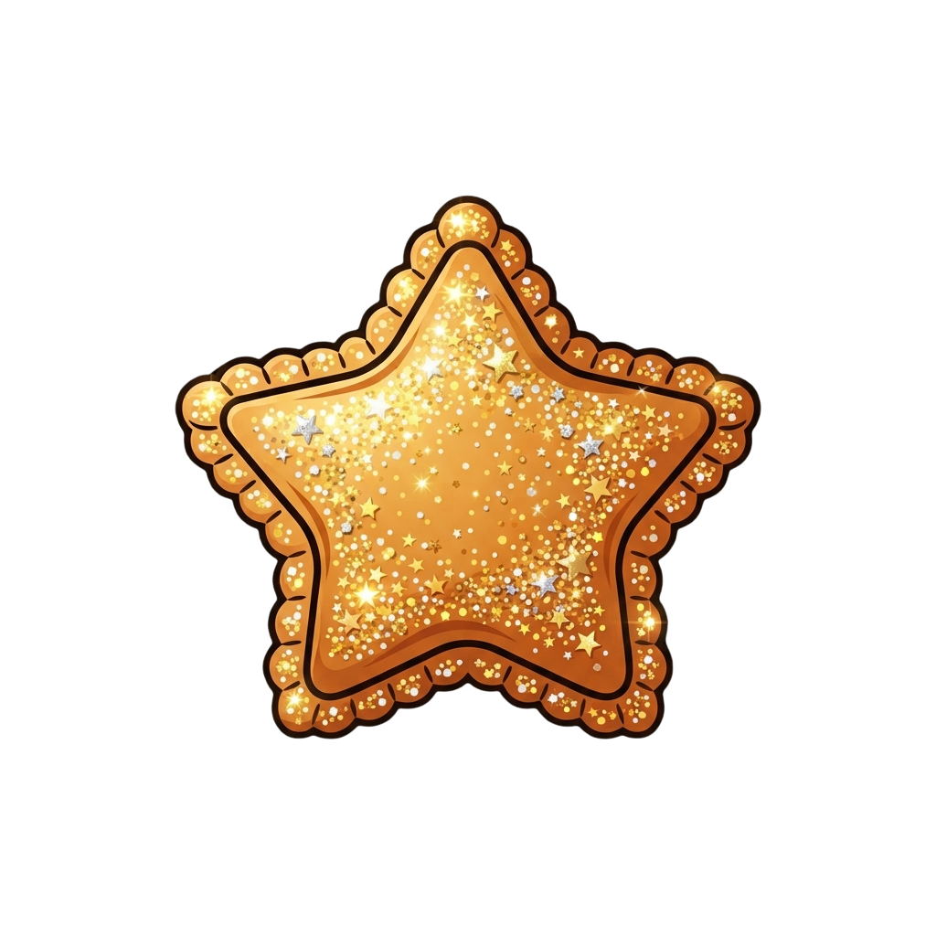 A stylized star-shaped cookie with golden glittery sprinkles and scalloped edges