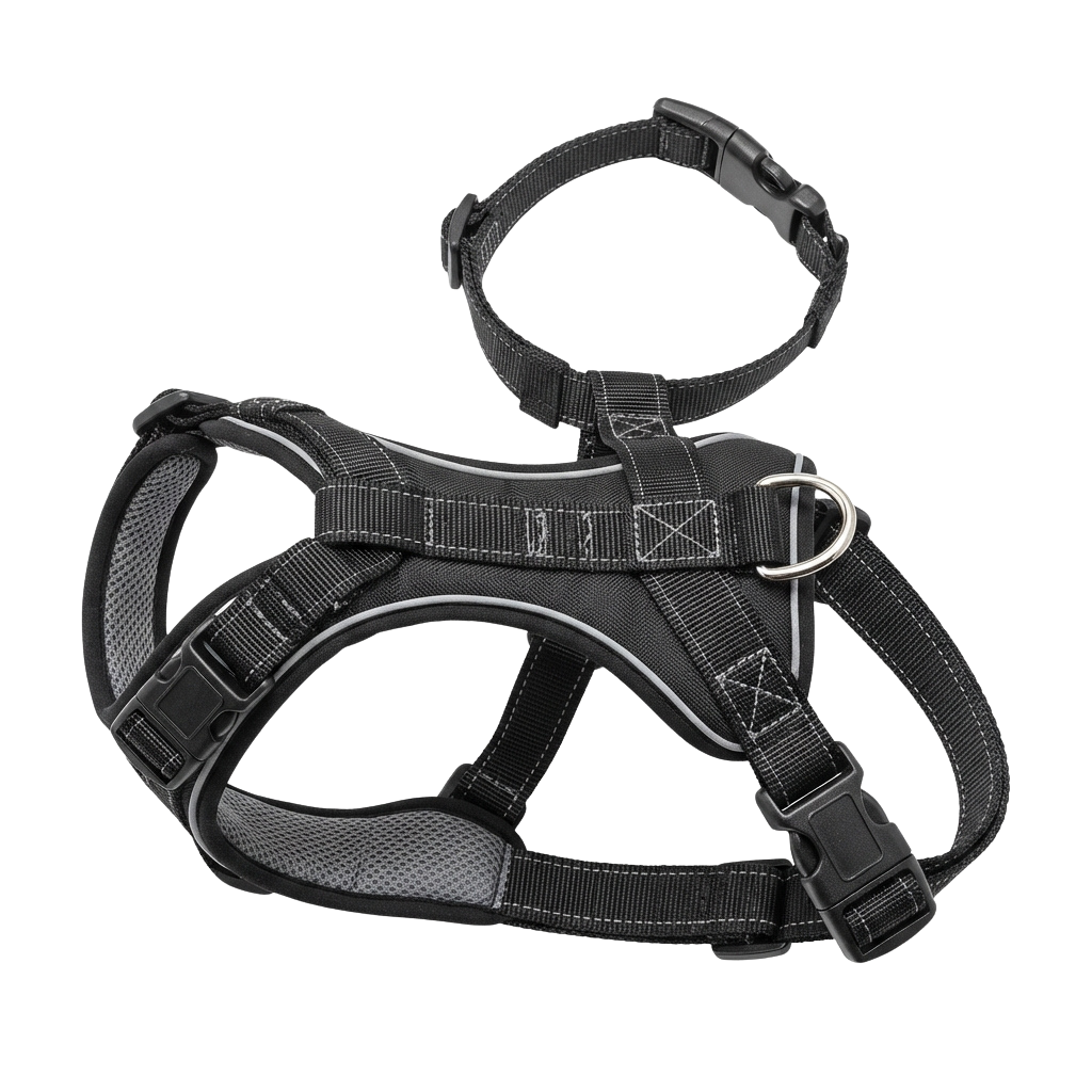 Gray dog harness with adjustable straps and reflective safety strips laid on a black background