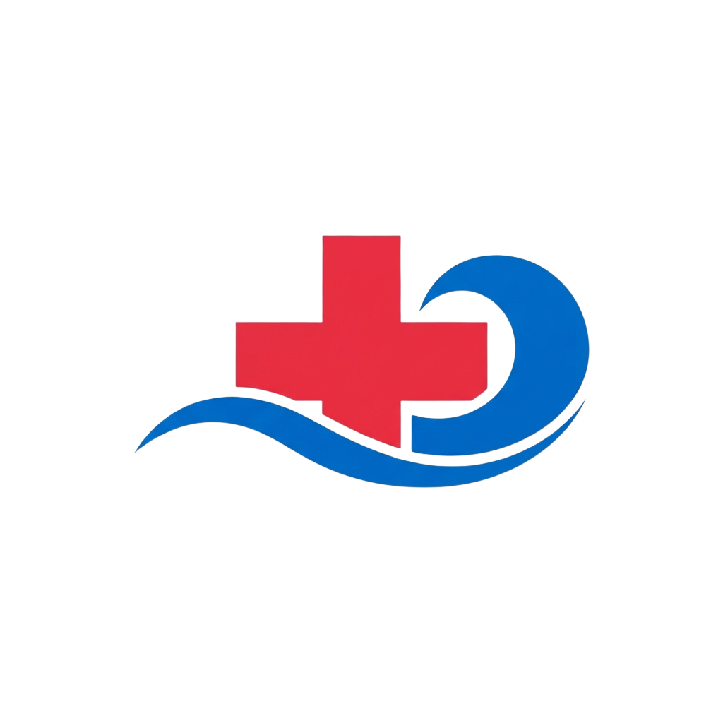 Logo featuring a red cross overlaid on a blue wave shape