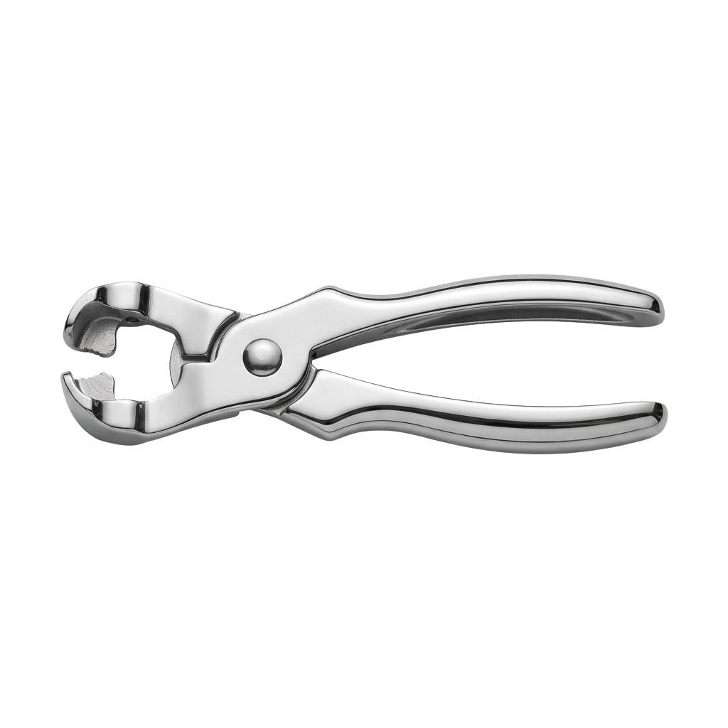 Close-up of a chrome-plated pipe and cable crimper tool with serrated jaws and a pivot pin