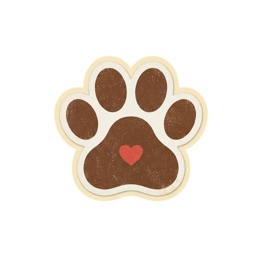 A brown cookie shaped like a paw print with a red heart in the center