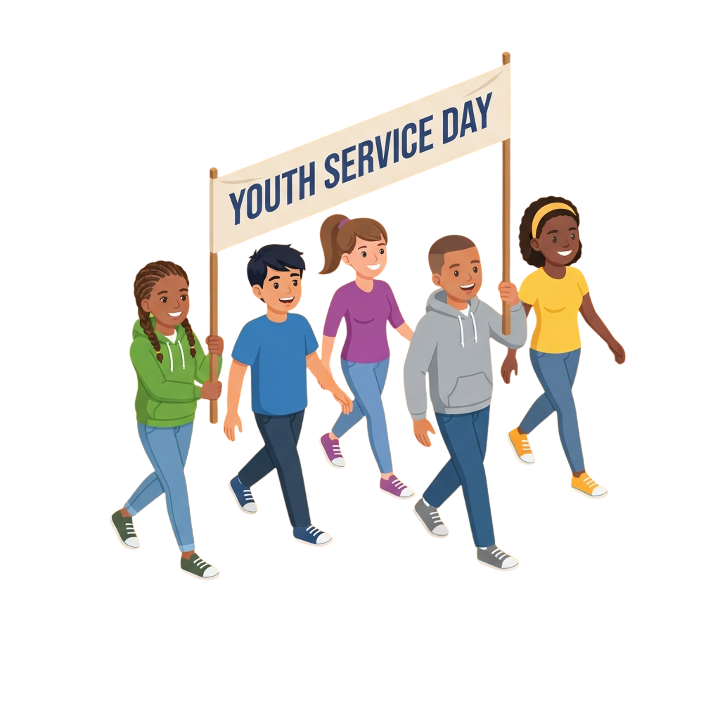 Five smiling children walking together holding a banner that reads Youth Service Day