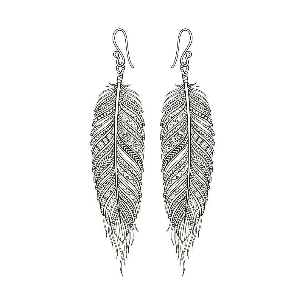 Two intricately designed feather-shaped drop earrings with detailed textures and dangling elements.