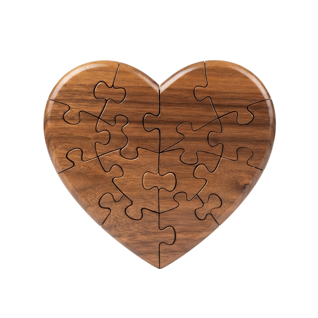 A wooden heart-shaped puzzle with interlocking pieces carved into it