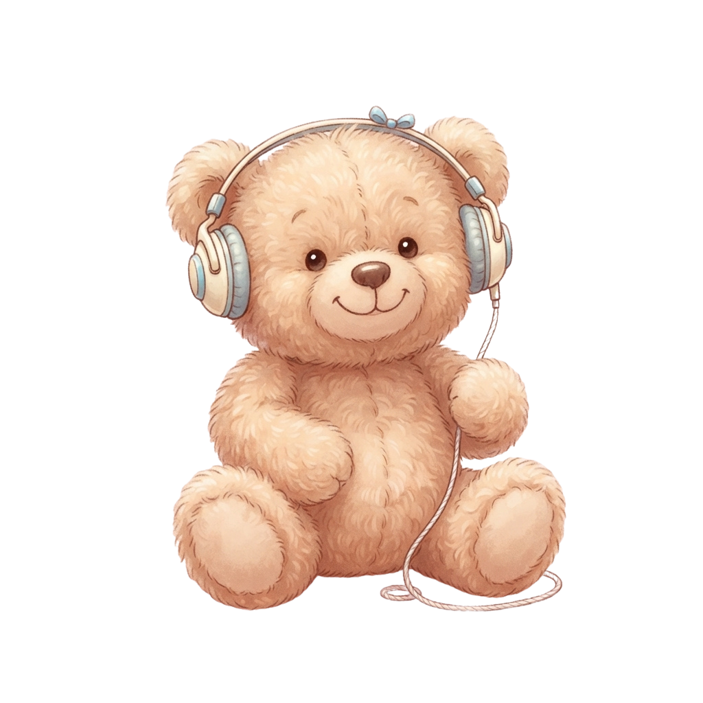 A light brown teddy bear sitting and wearing light blue over-ear headphones.