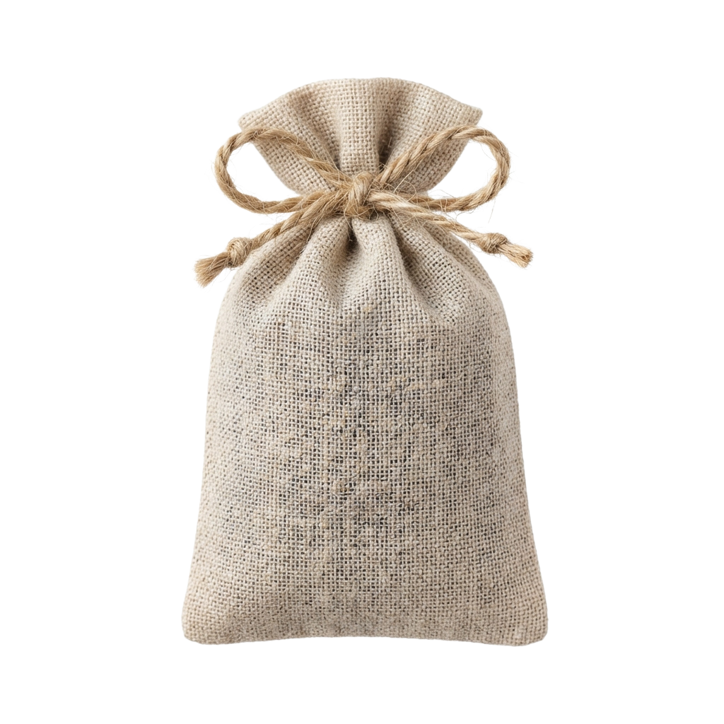 A beige burlap-style fabric drawstring bag with a twisted rope closure