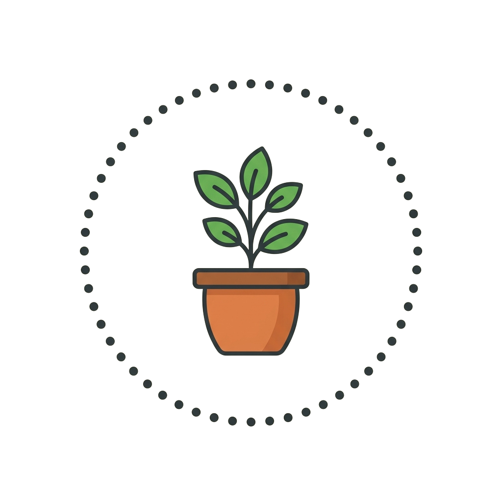 A small potted plant with green leaves inside an orange pot on a black dotted circular background