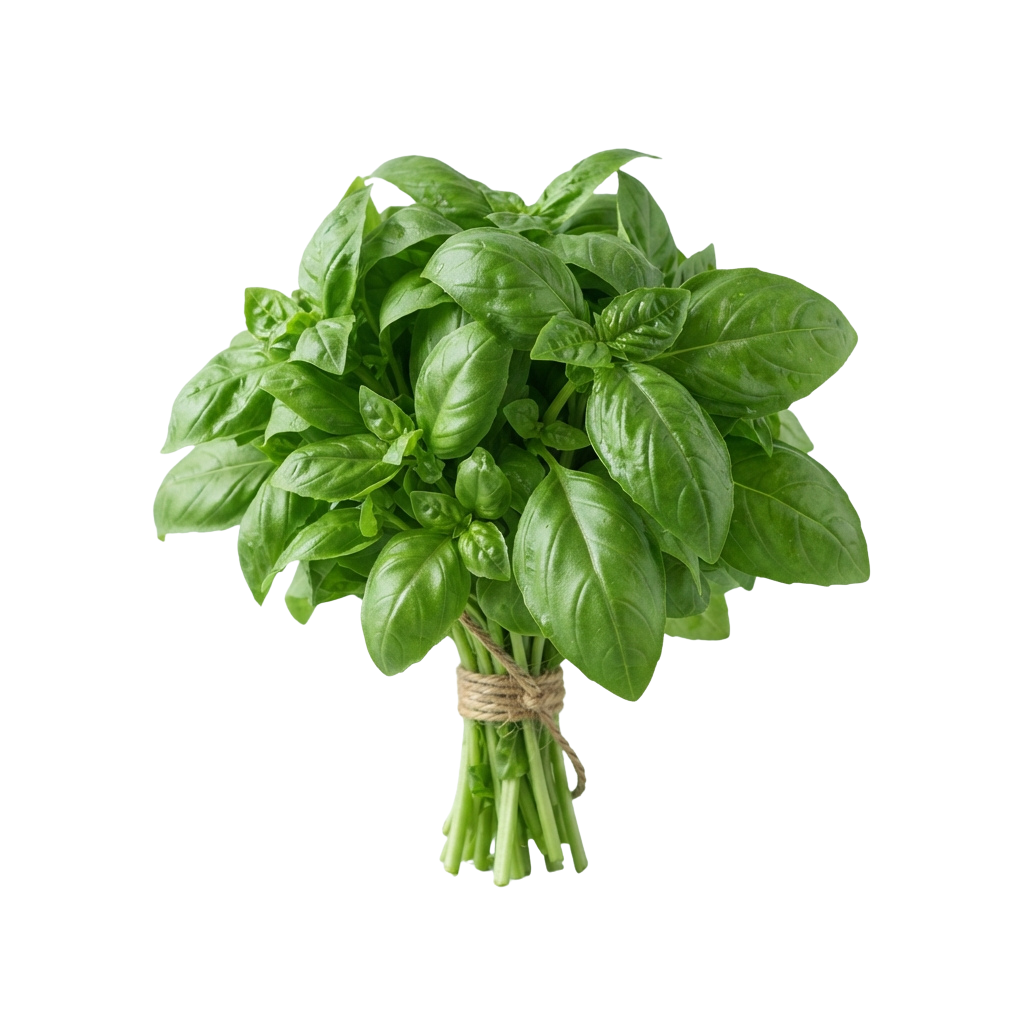 A bundle of fresh green basil leaves tied with twine against a black background