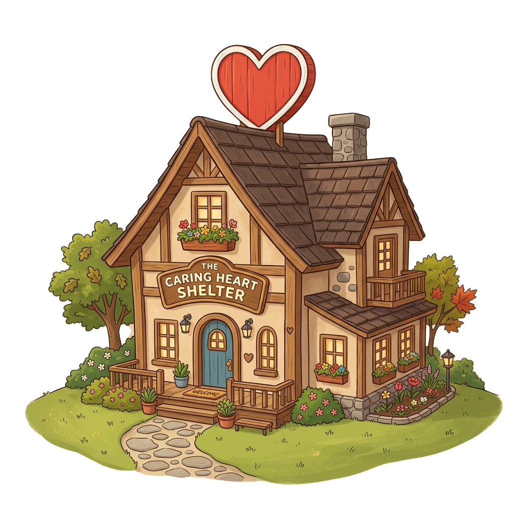 Illustration of a charming wooden house labeled Caring Heart Shelter with a red heart on the roof and flowers around the windows.