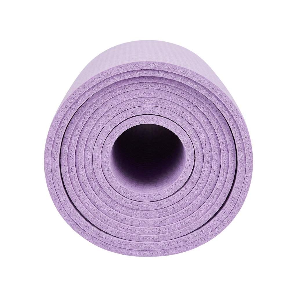 A rolled purple foam mat viewed from the top showing its layered structure and central hole