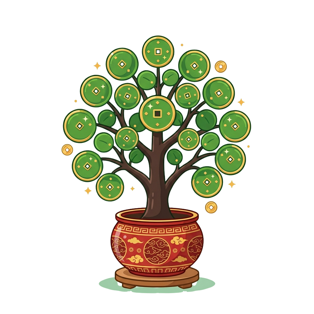 Illustration of a money tree with green leaves shaped like Chinese coins in a red ornamental pot