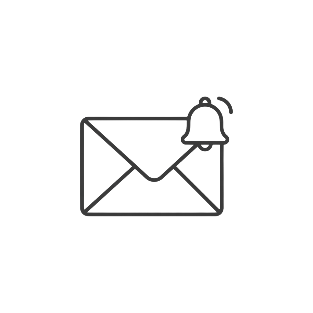 An envelope with a small bell attached to its flap indicating a notification