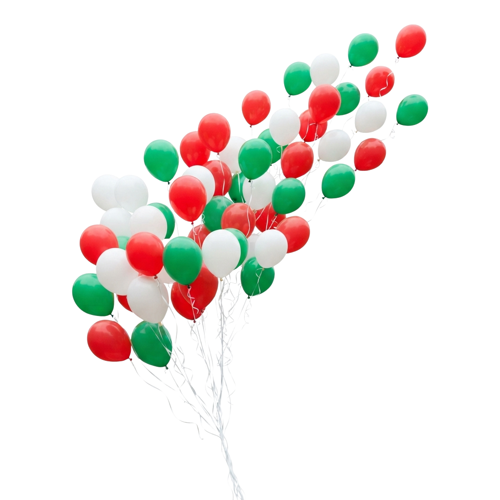 Cluster of red, white, and green balloons tied together in a bouquet against a dark background