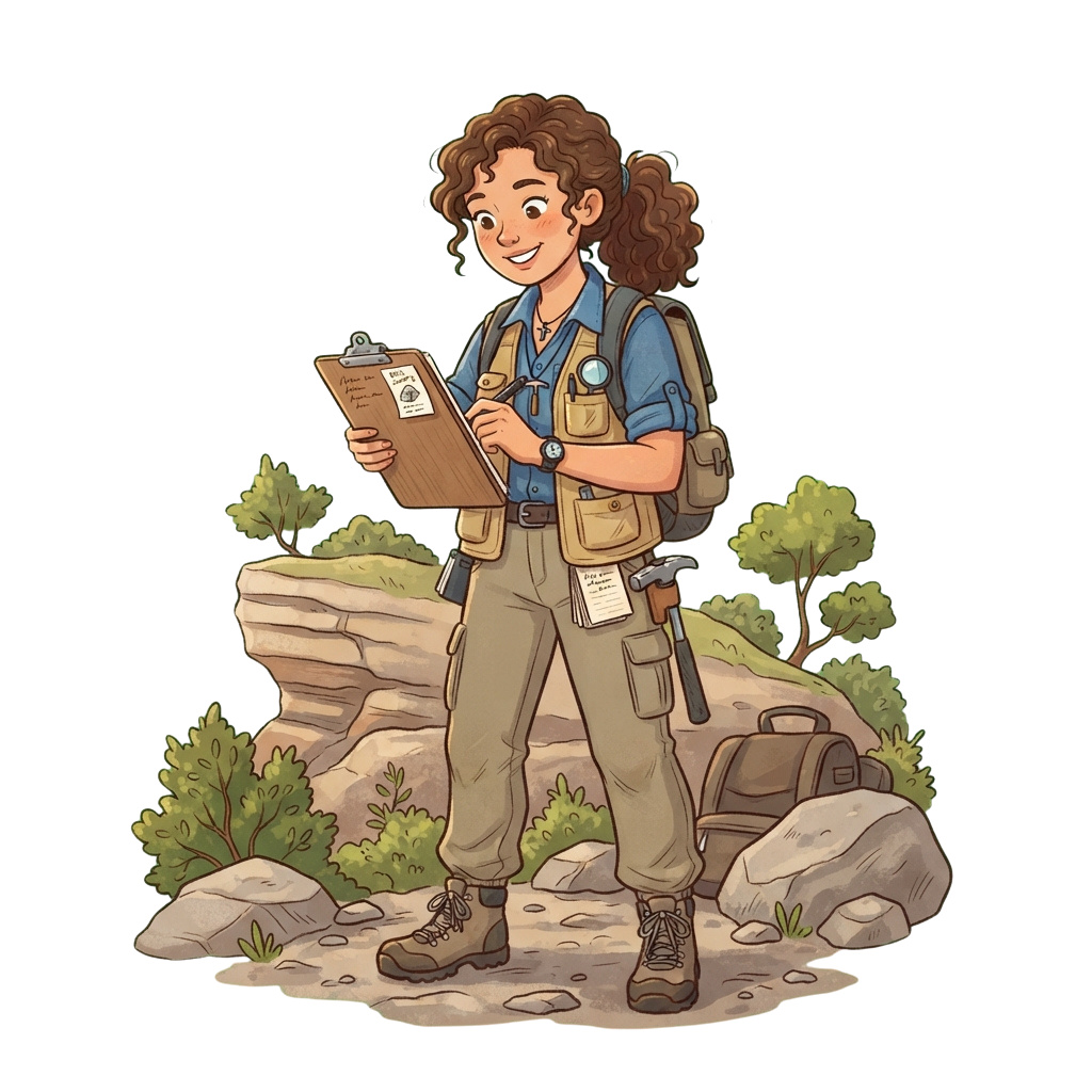 A smiling female geologist holding a clipboard and standing on rocky terrain with a backpack and tools