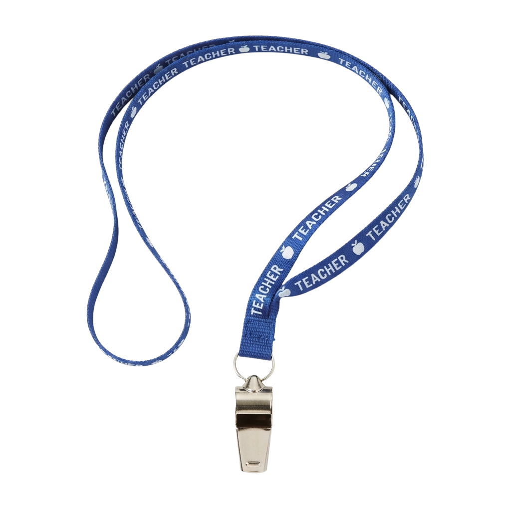 Blue lanyard with the word teacher and an apple logo repeated along it, attached to a silver whistle