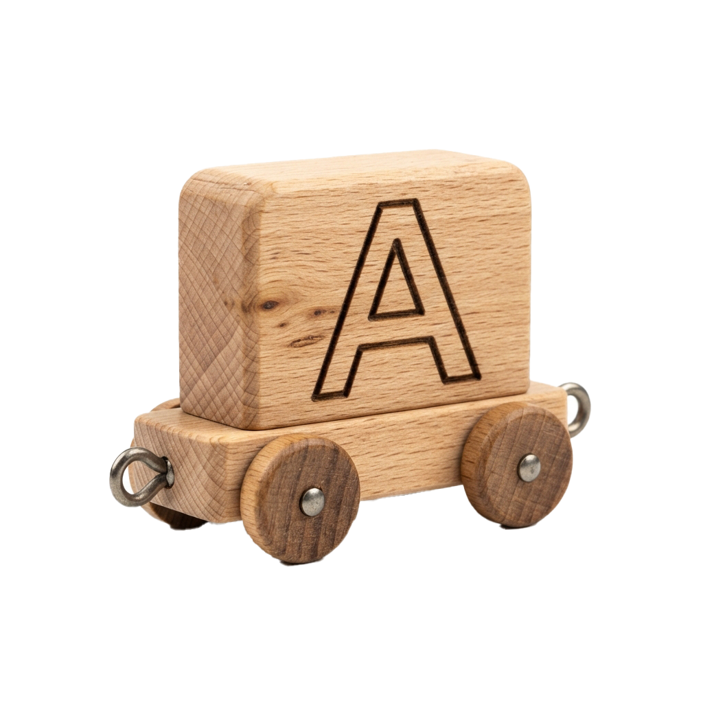 A wooden toy train cart carrying a block with a large black letter A