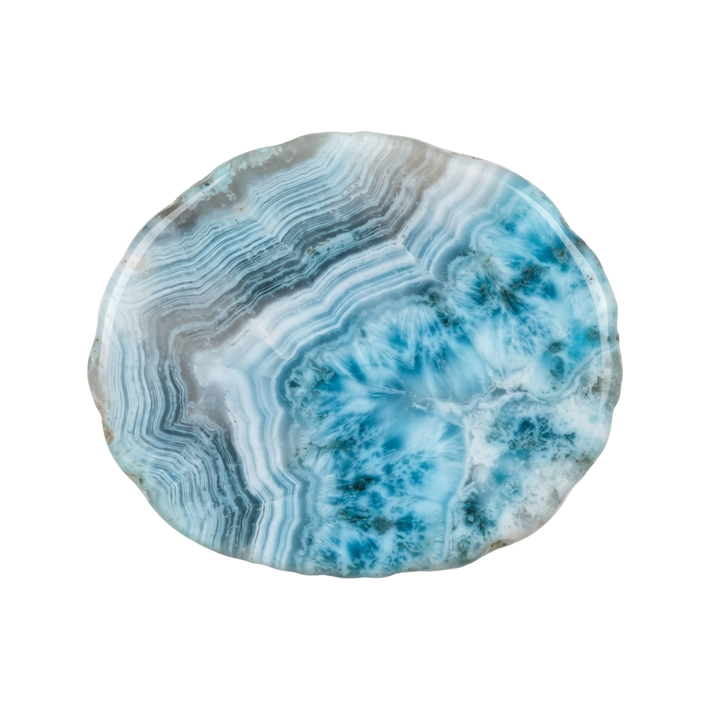 Round slice of agate stone with blue and white swirling patterns