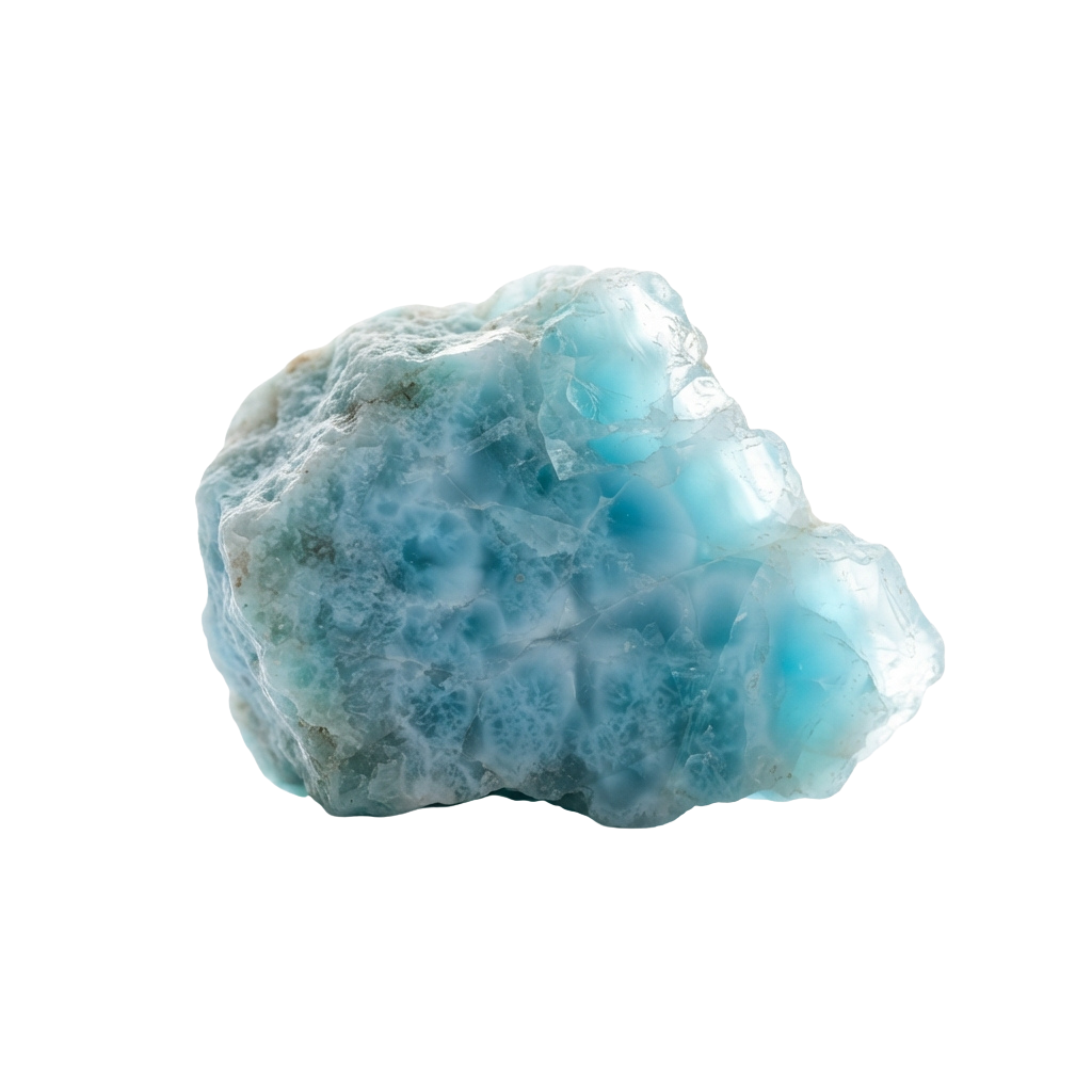 A rough, irregularly shaped blue lace agate mineral with a translucent, milky appearance and subtle banding patterns