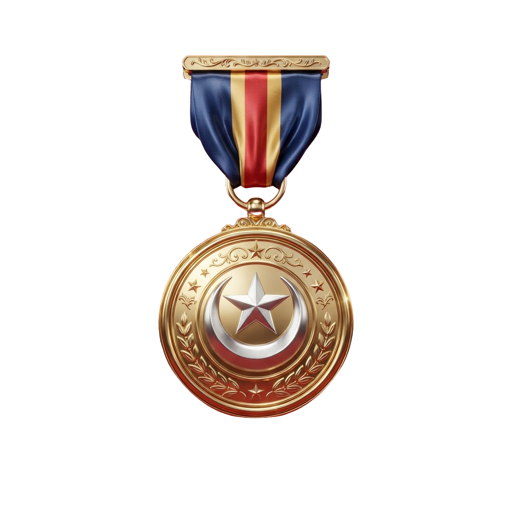A gold-colored medal featuring a central star emblem on a red and white background, adorned with ornate detailing and suspended from a blue and red striped ribbon.