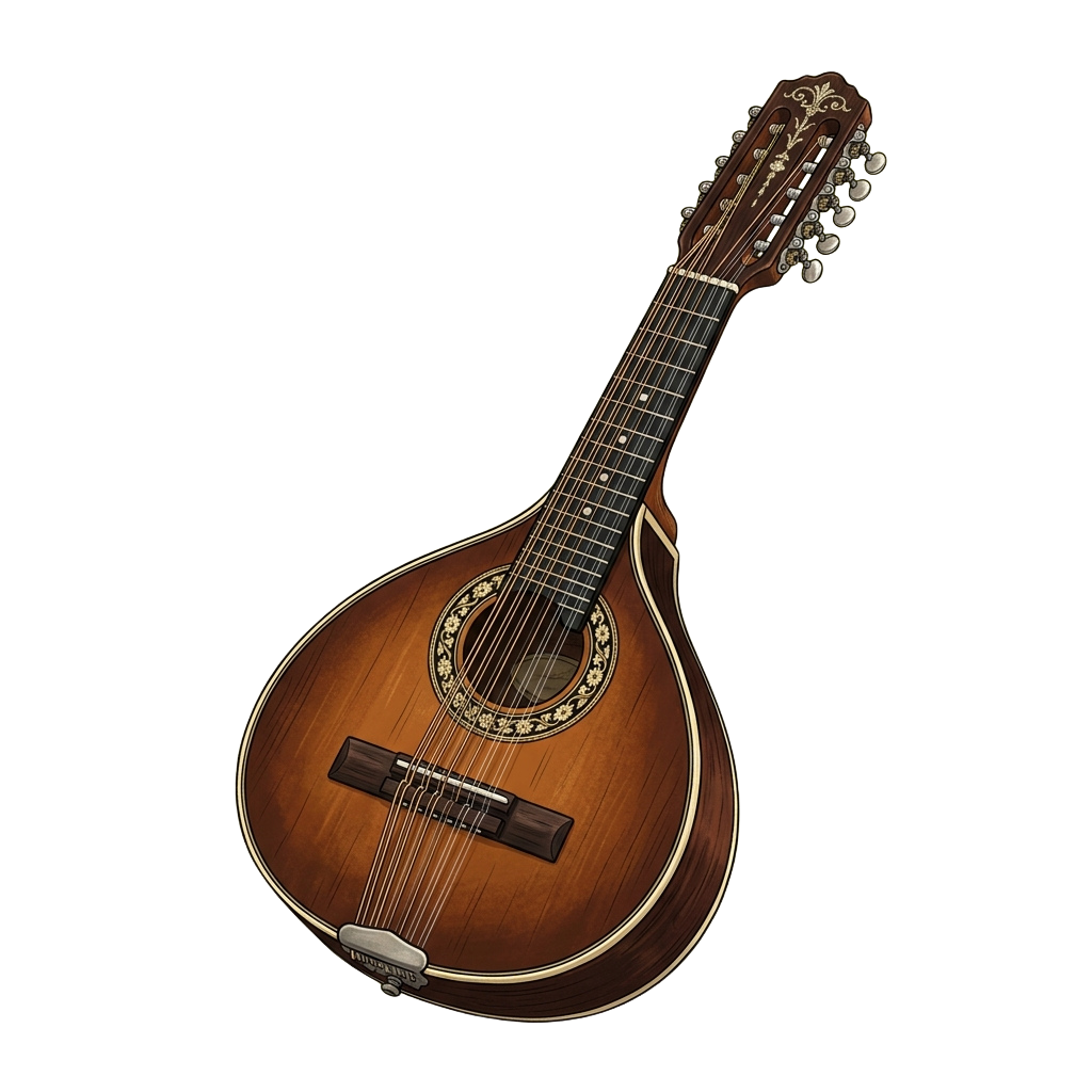 A polished wooden mandolin with a glossy finish and decorative inlays displayed against a black background