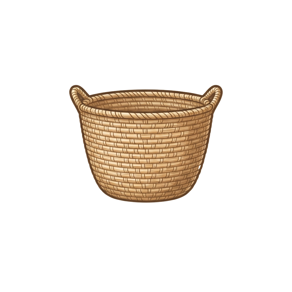 Light brown woven basket with two sturdy handles against a dark background