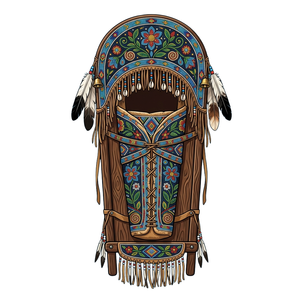 Intricate beaded headdress and chest plate with floral and geometric patterns, feathers, and fringe.