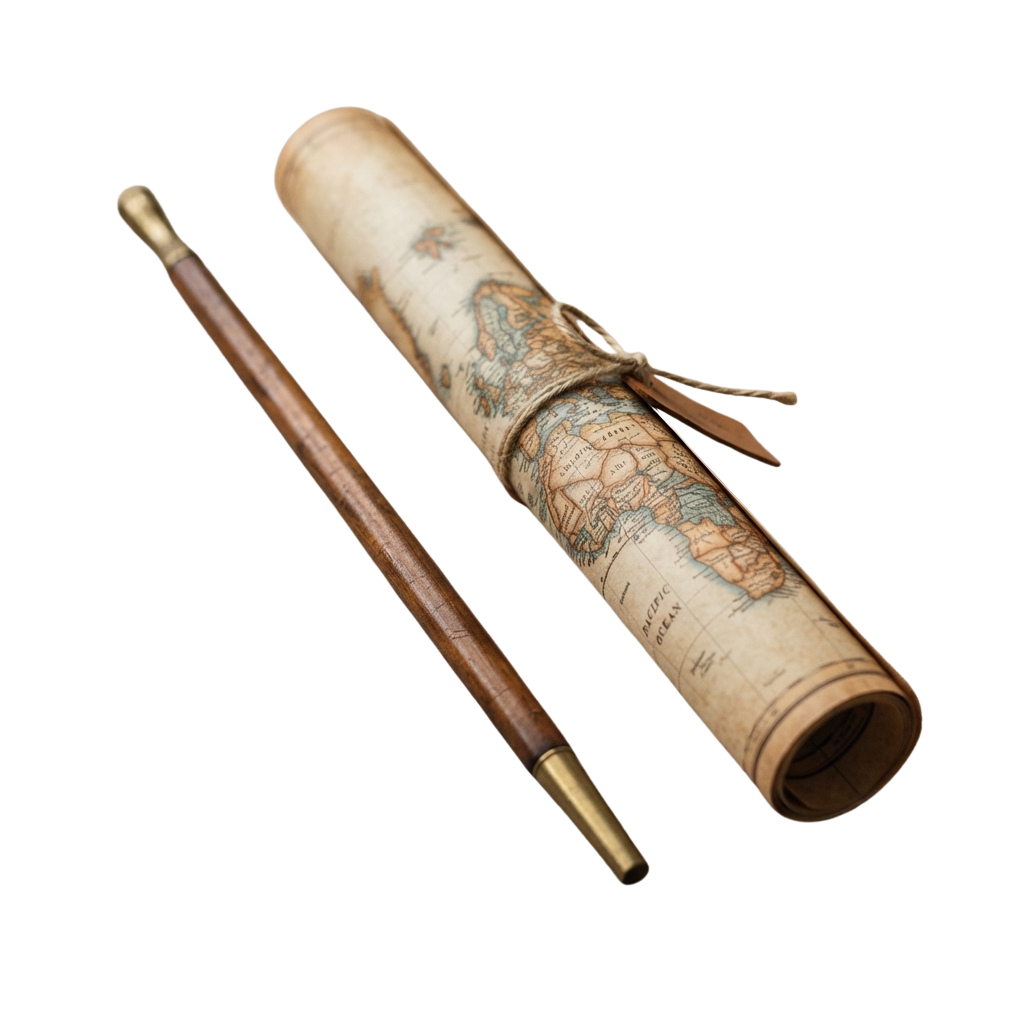 Vintage map rolled on a wooden cylinder with brass tips, secured by leather straps.