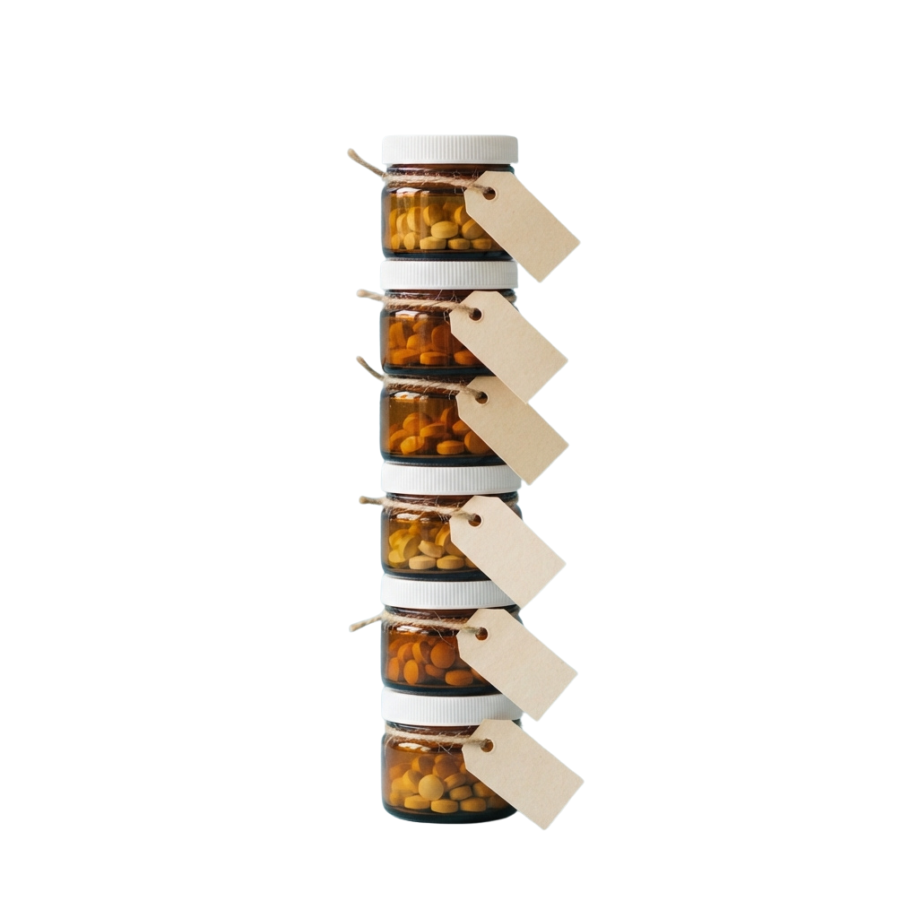 Five glass jars stacked vertically, each containing round baked treats and attached to a beige tag.