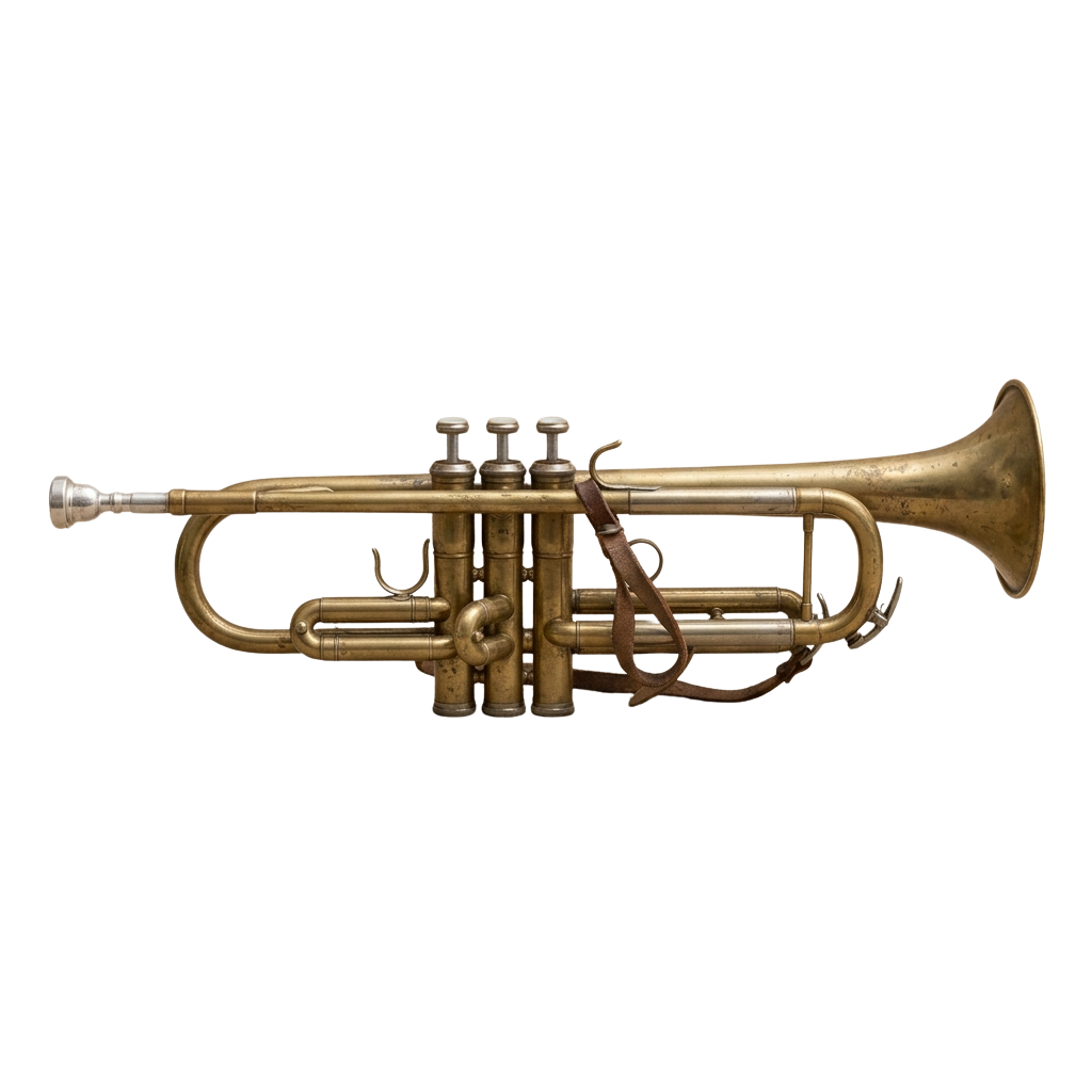 A polished brass trumpet with three valves and a bell, shown against a black background