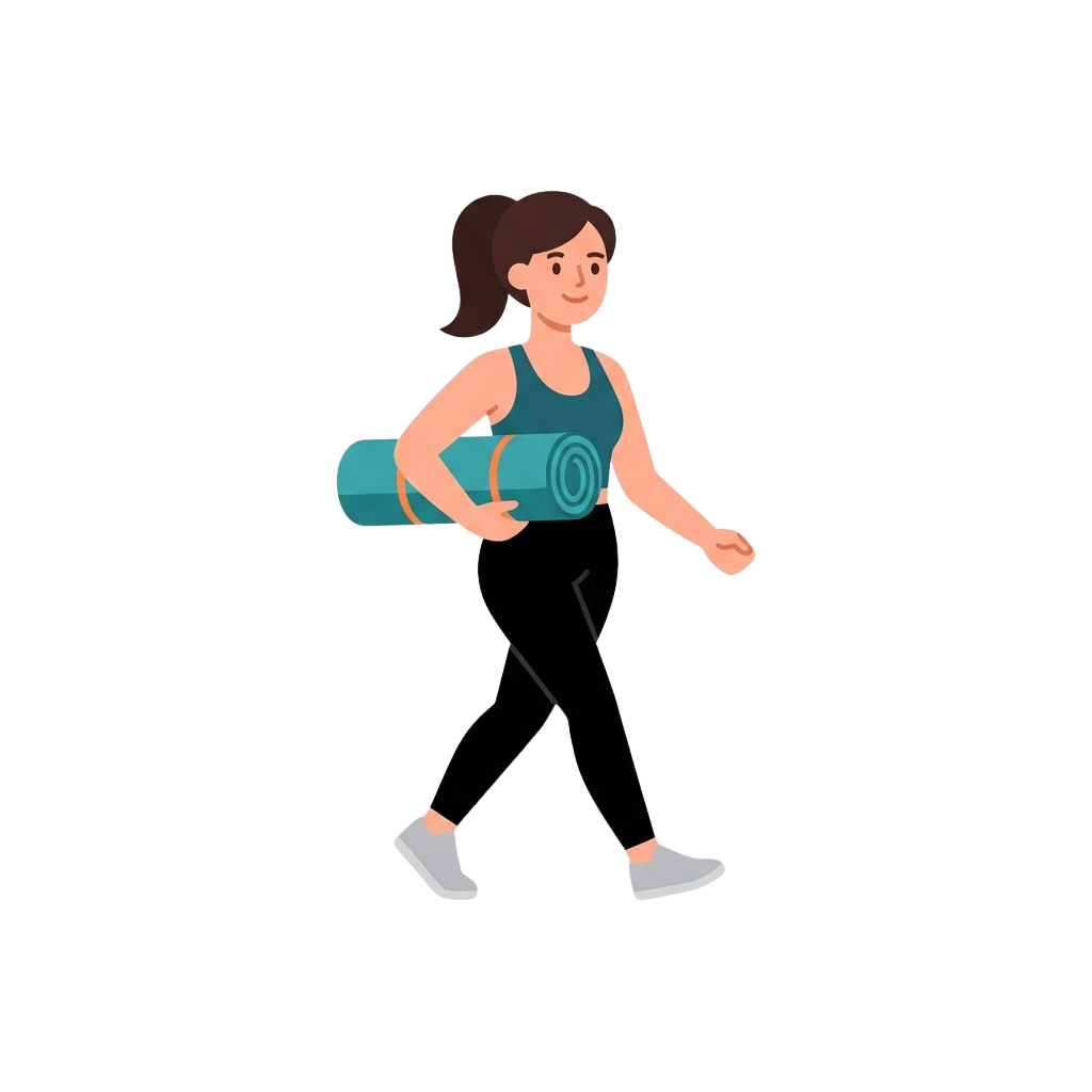 Illustration of a woman holding a rolled yoga mat walking outdoors