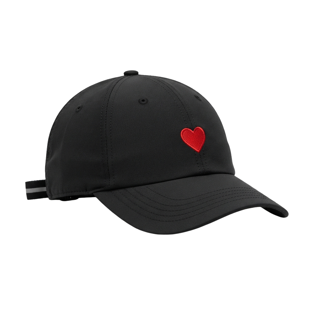 Black baseball cap featuring a red heart embroidered on the front right side
