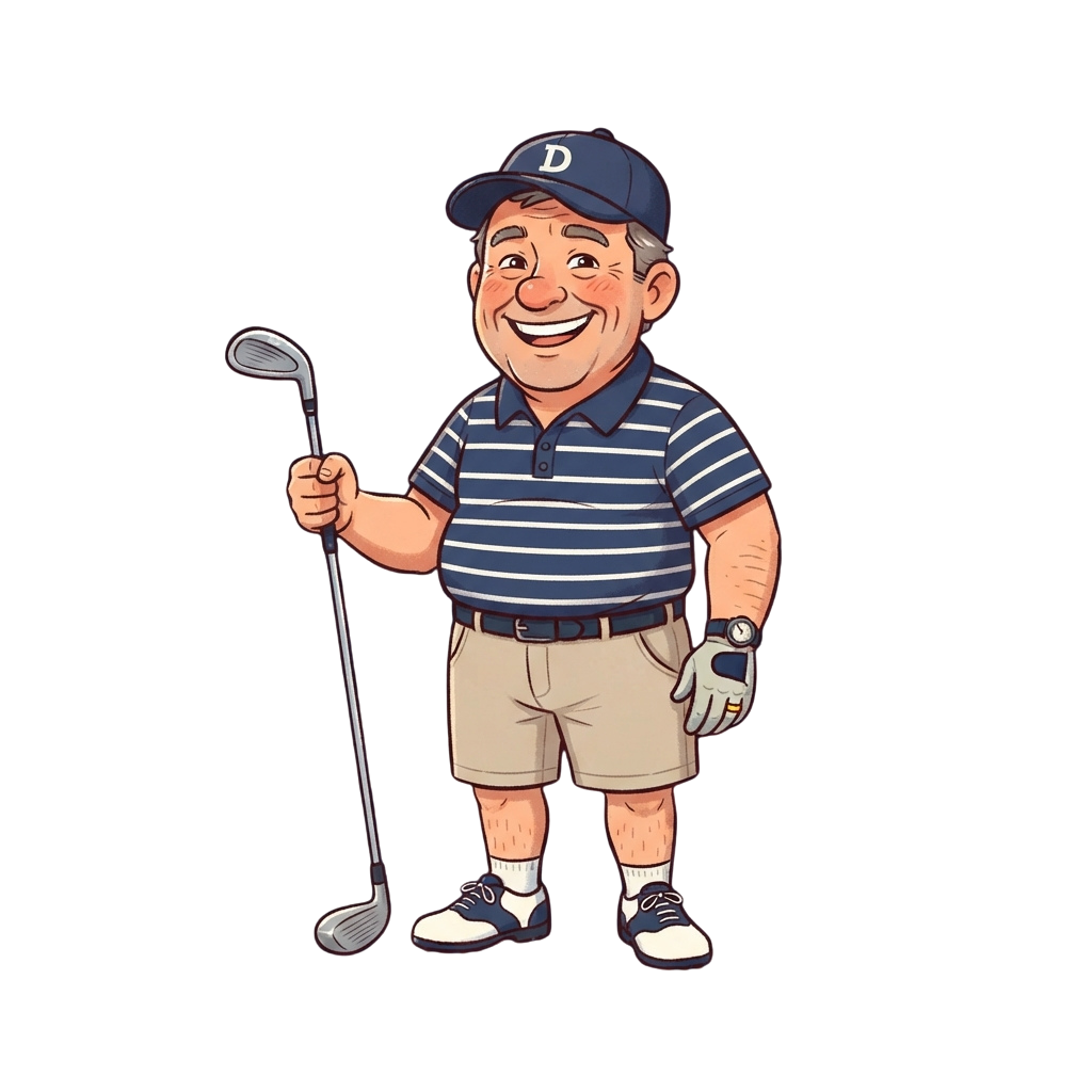 Cartoon illustration of a cheerful golfer holding a putter, wearing a cap, striped polo, shorts, and golf shoes