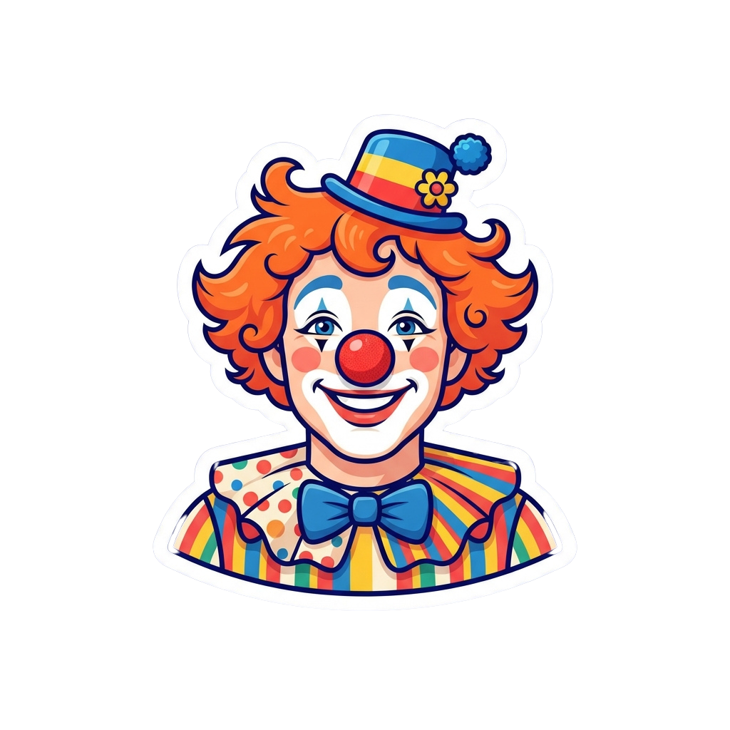 A cheerful cartoon clown with curly orange hair, colorful striped shirt, blue bow tie, and a rainbow hat with a flower
