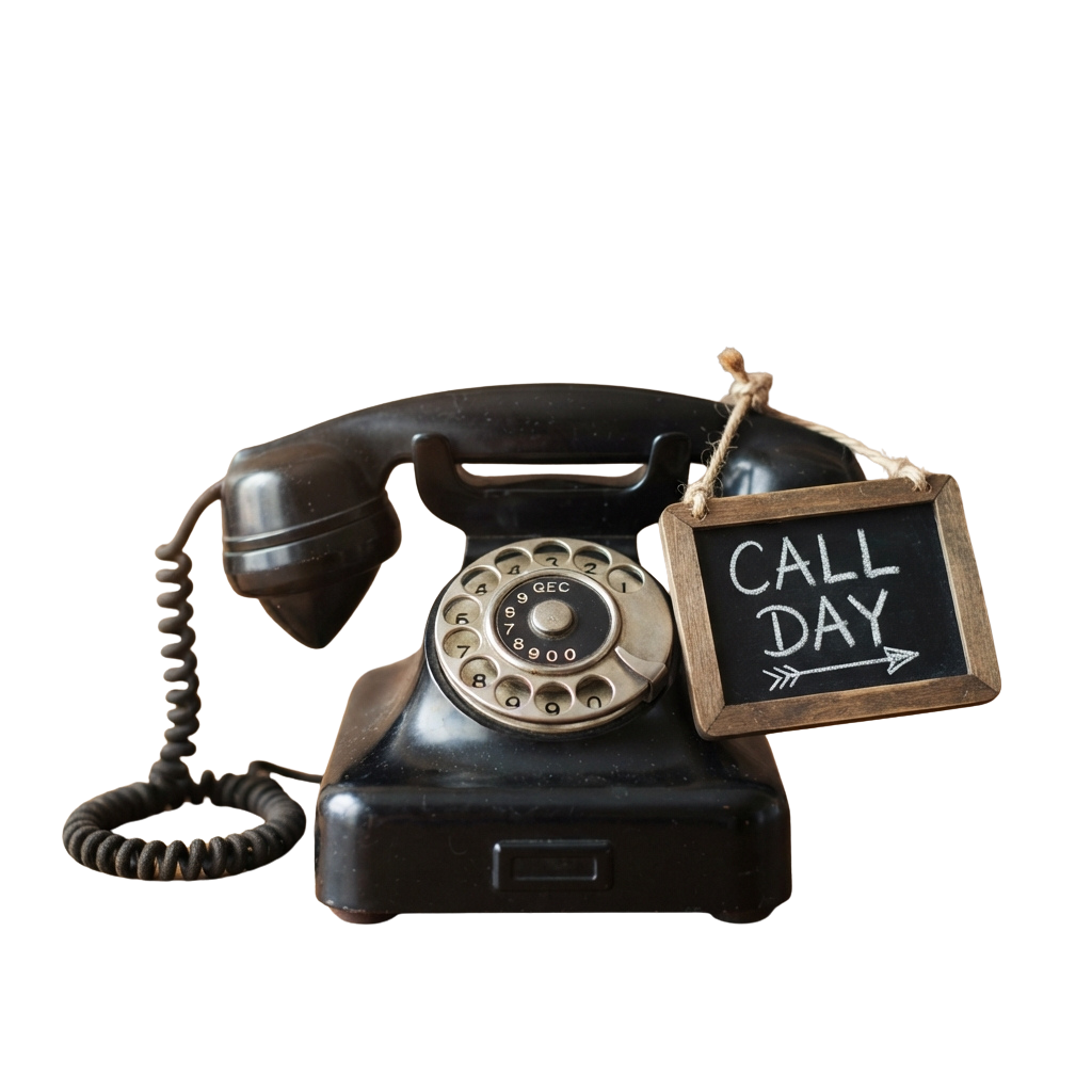 A retro rotary phone with a small chalkboard sign reading Call Day with an arrow pointing right