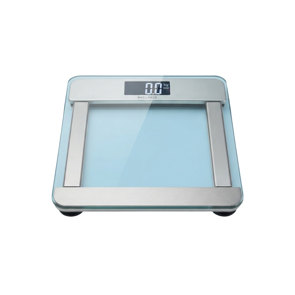 A sleek digital bathroom scale with a transparent platform and a display showing zero weight