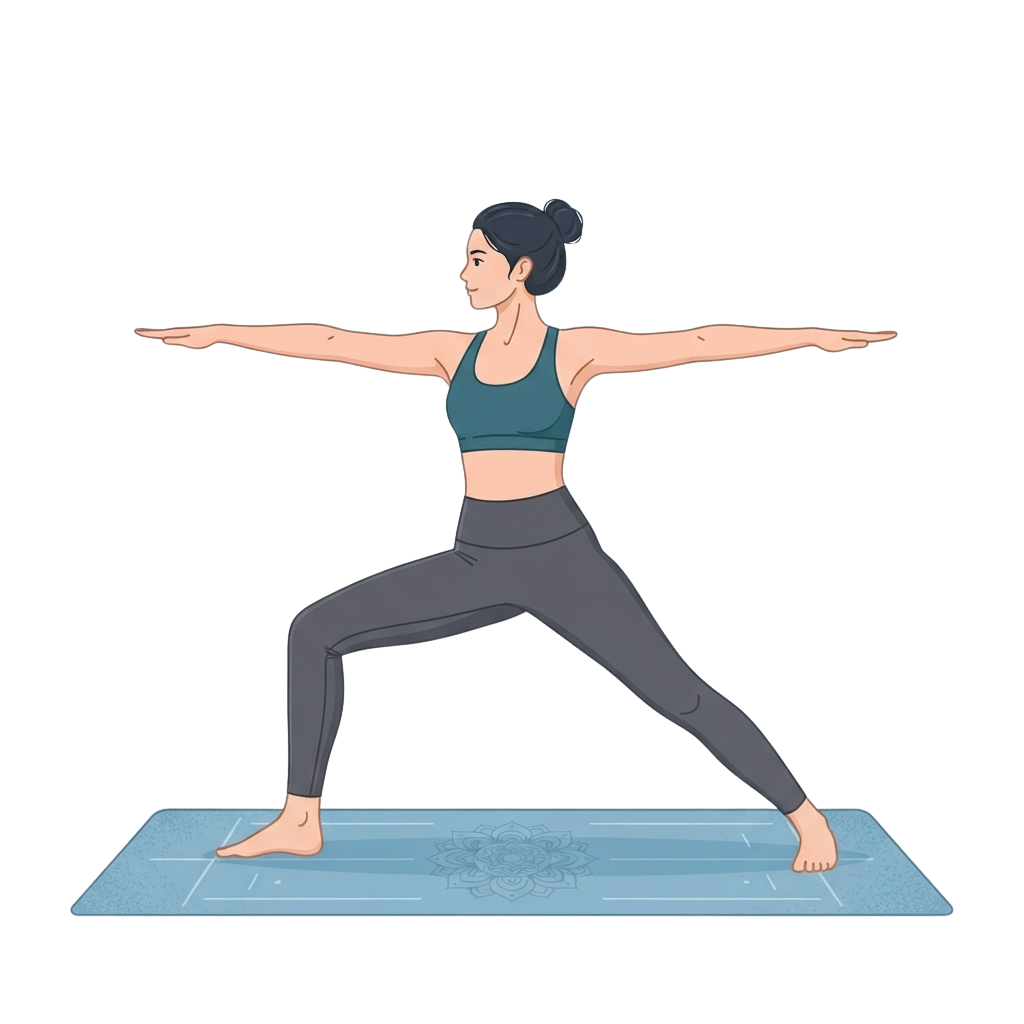 Person performing Warrior III yoga pose on a mat with arms extended horizontally